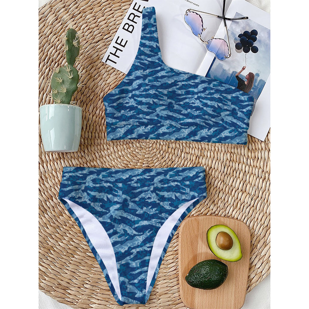 Navy Tiger Stripe Camo Pattern Print One Shoulder Bikini Top