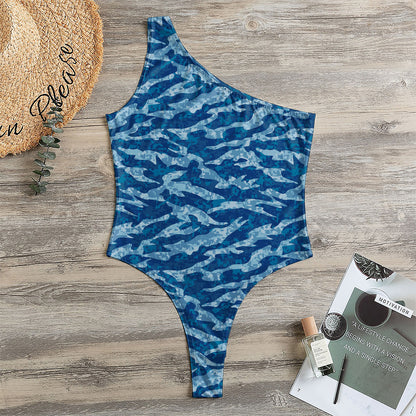 Navy Tiger Stripe Camo Pattern Print One Shoulder Bodysuit