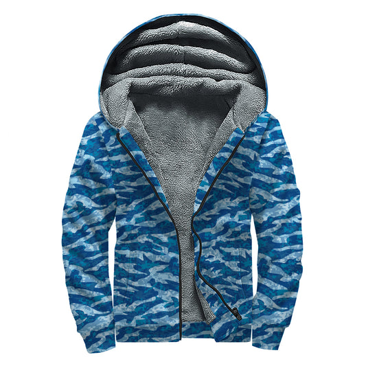 Navy Tiger Stripe Camo Pattern Print Sherpa Lined Zip Up Hoodie