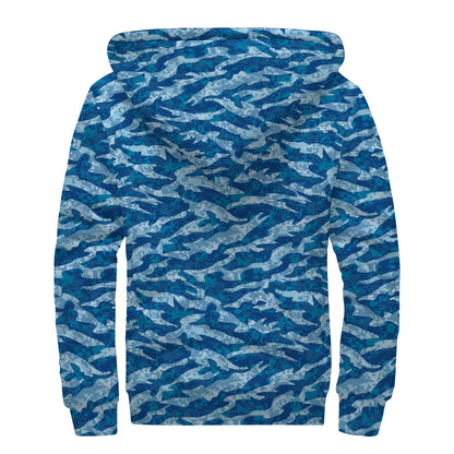Navy Tiger Stripe Camo Pattern Print Sherpa Lined Zip Up Hoodie