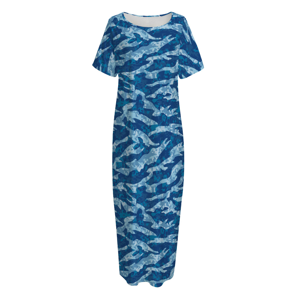 Navy Tiger Stripe Camo Pattern Print Short Sleeve Long Nightdress