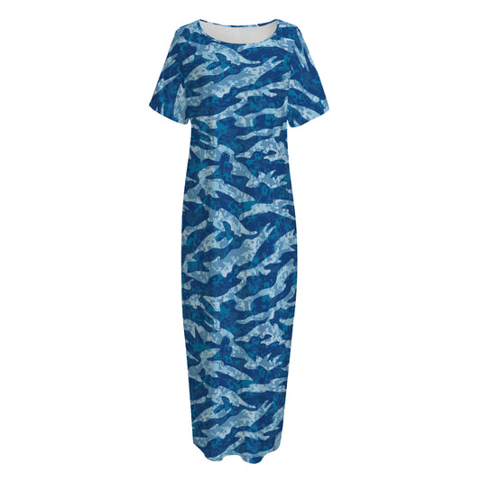 Navy Tiger Stripe Camo Pattern Print Short Sleeve Long Nightdress
