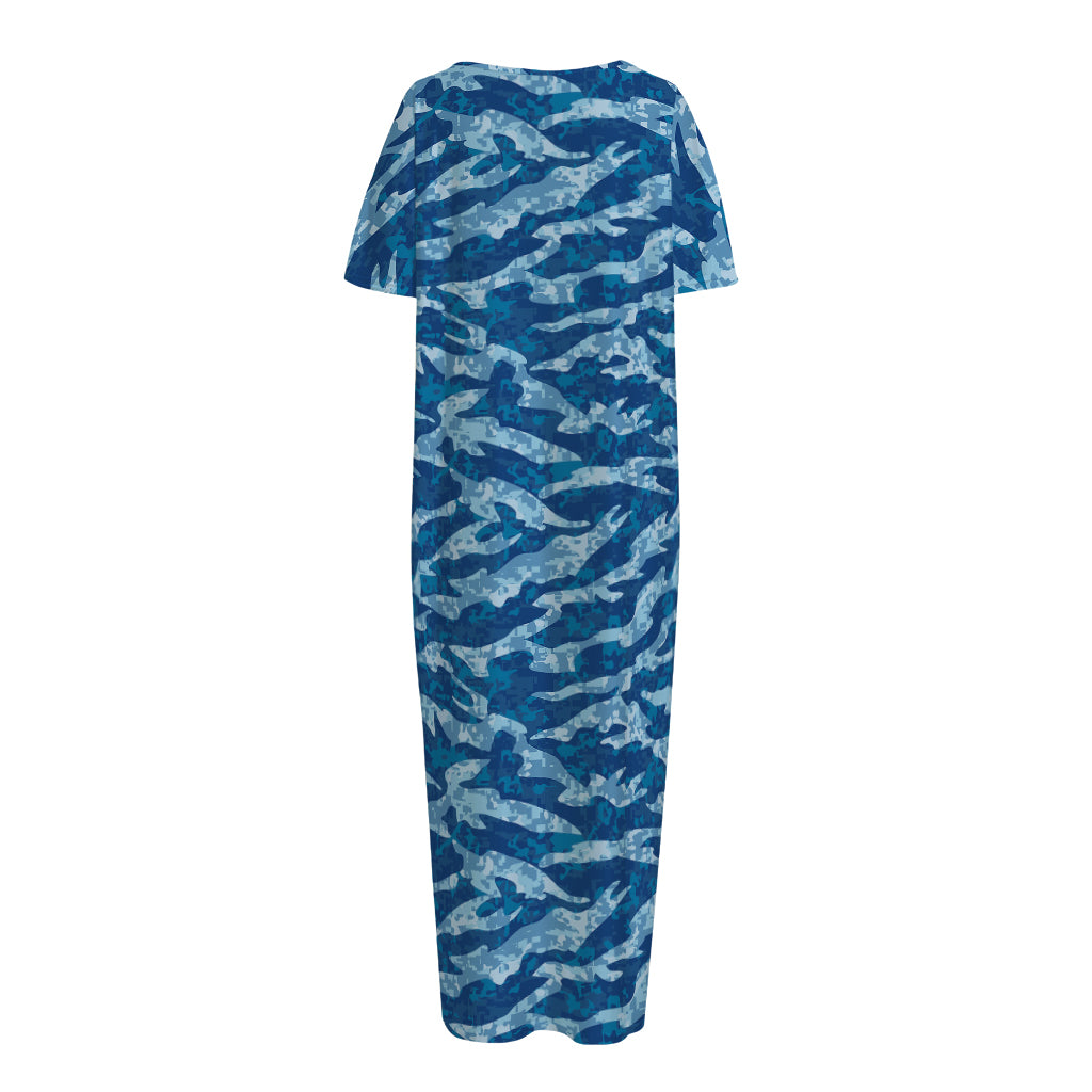 Navy Tiger Stripe Camo Pattern Print Short Sleeve Long Nightdress