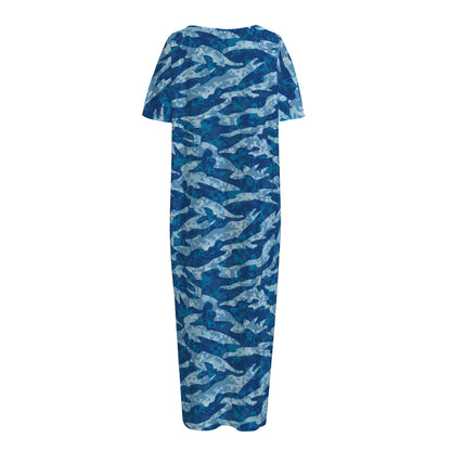Navy Tiger Stripe Camo Pattern Print Short Sleeve Long Nightdress