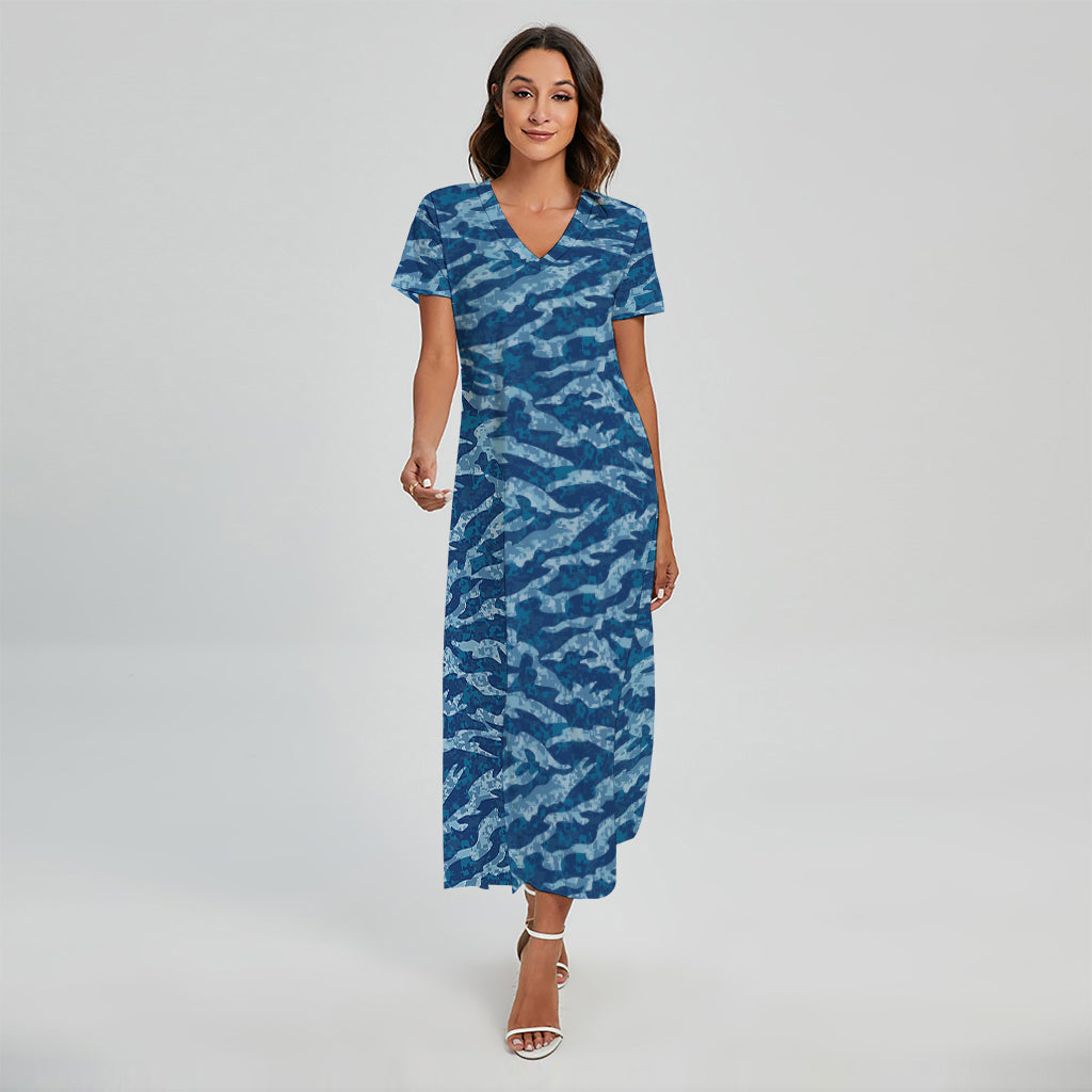 Navy Tiger Stripe Camo Pattern Print Short Sleeve Maxi Dress