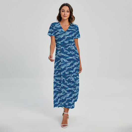 Navy Tiger Stripe Camo Pattern Print Short Sleeve Maxi Dress