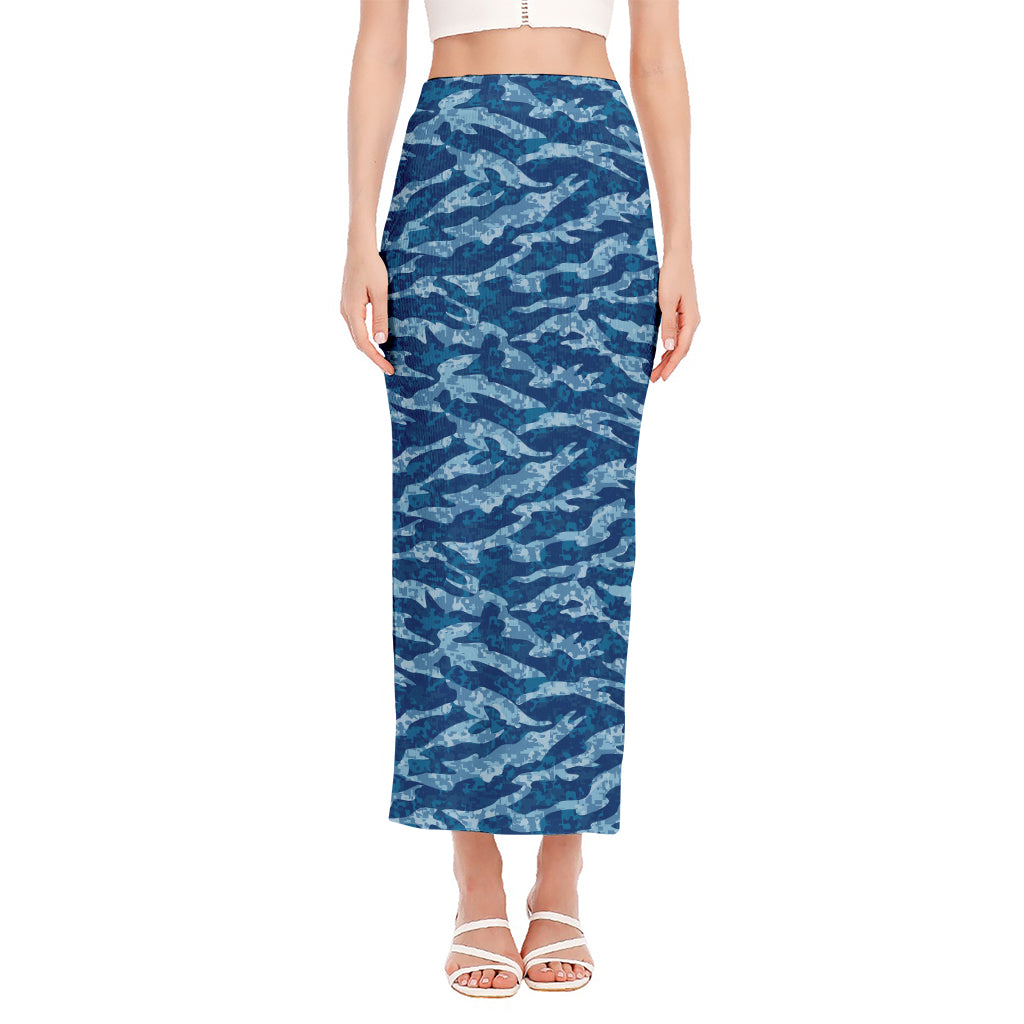 Navy Tiger Stripe Camo Pattern Print Side Slit Maxi Skirt