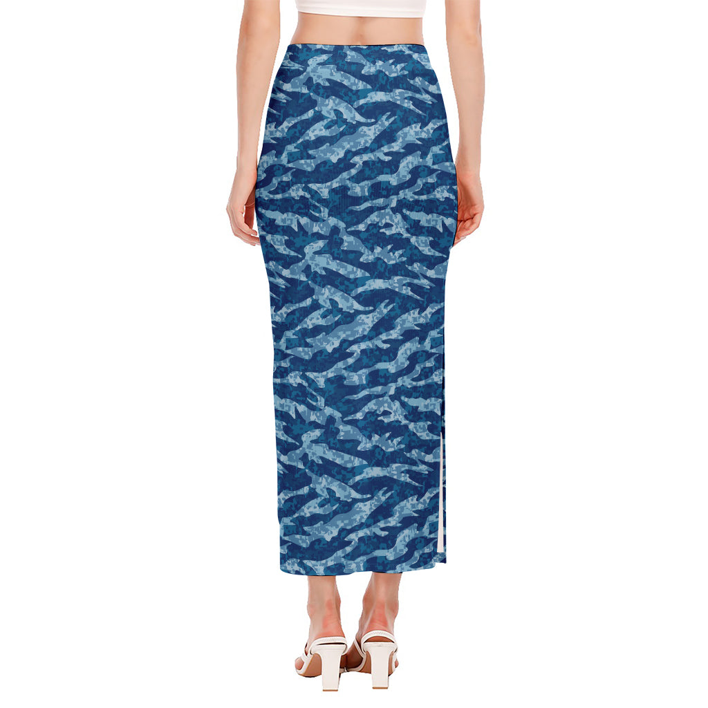 Navy Tiger Stripe Camo Pattern Print Side Slit Maxi Skirt