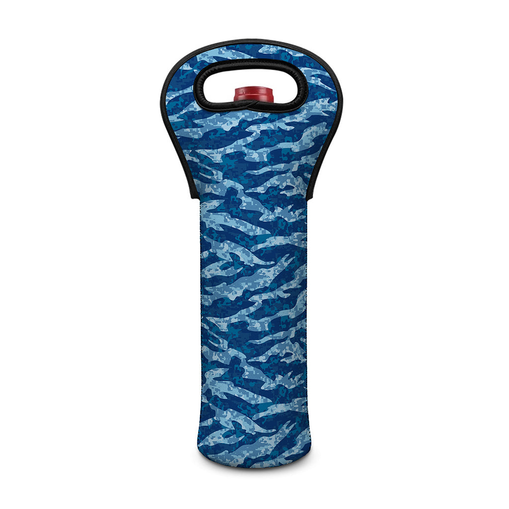 Navy Tiger Stripe Camo Pattern Print Single Neoprene Wine Tote
