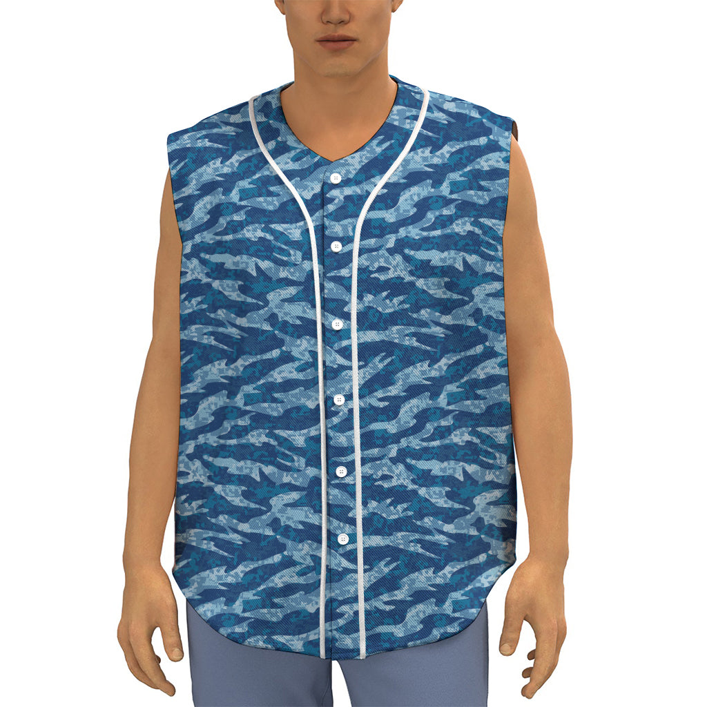 Navy Tiger Stripe Camo Pattern Print Sleeveless Baseball Jersey