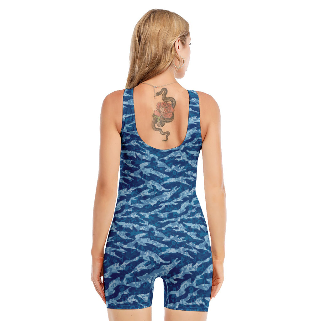Navy Tiger Stripe Camo Pattern Print Sleeveless One Piece Swimsuit
