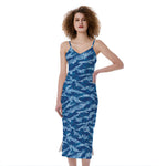Navy Tiger Stripe Camo Pattern Print Slim Fit Midi Cami Dress