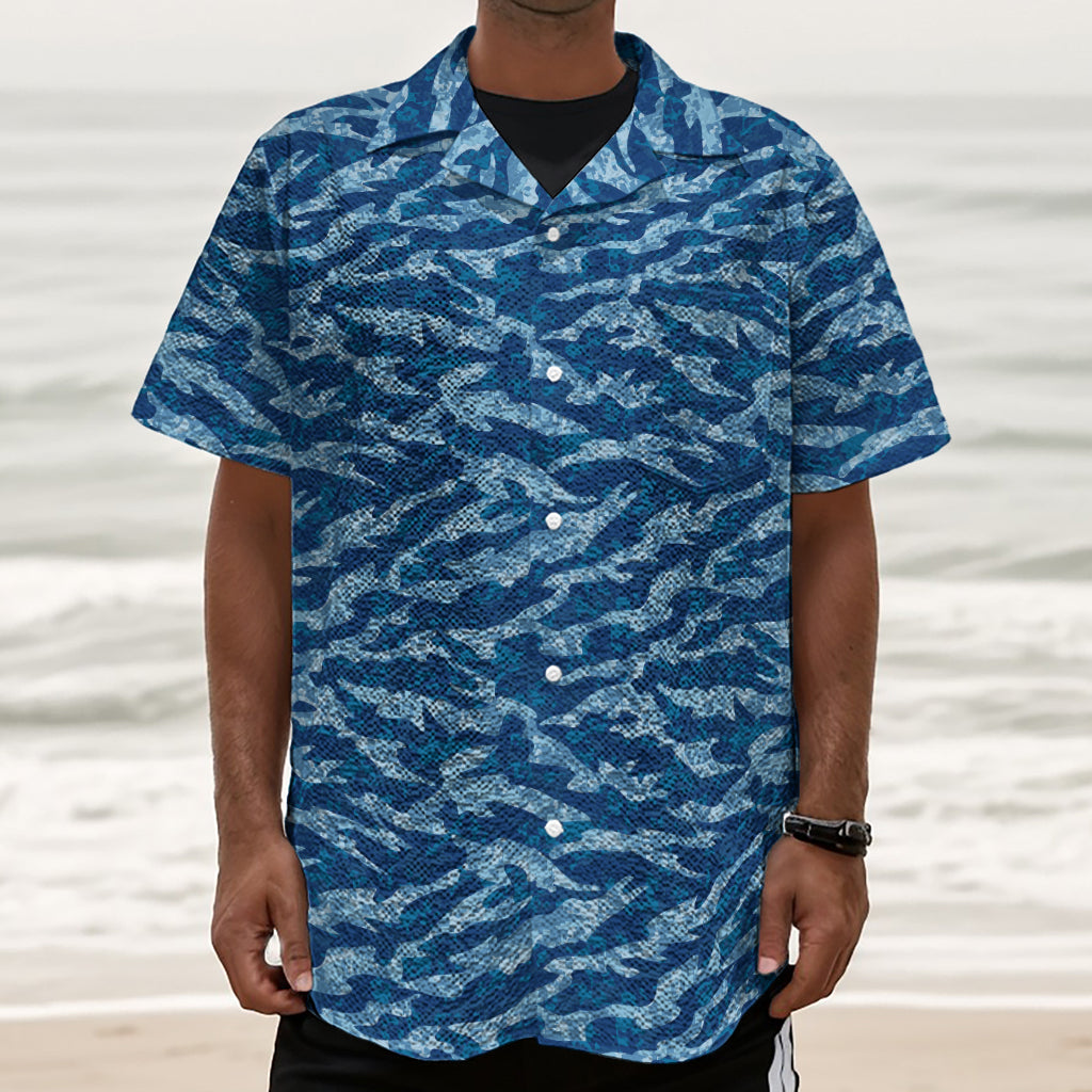 Navy Tiger Stripe Camo Pattern Print Textured Short Sleeve Shirt