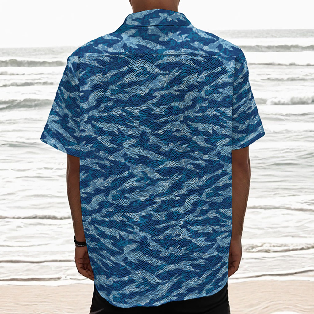 Navy Tiger Stripe Camo Pattern Print Textured Short Sleeve Shirt
