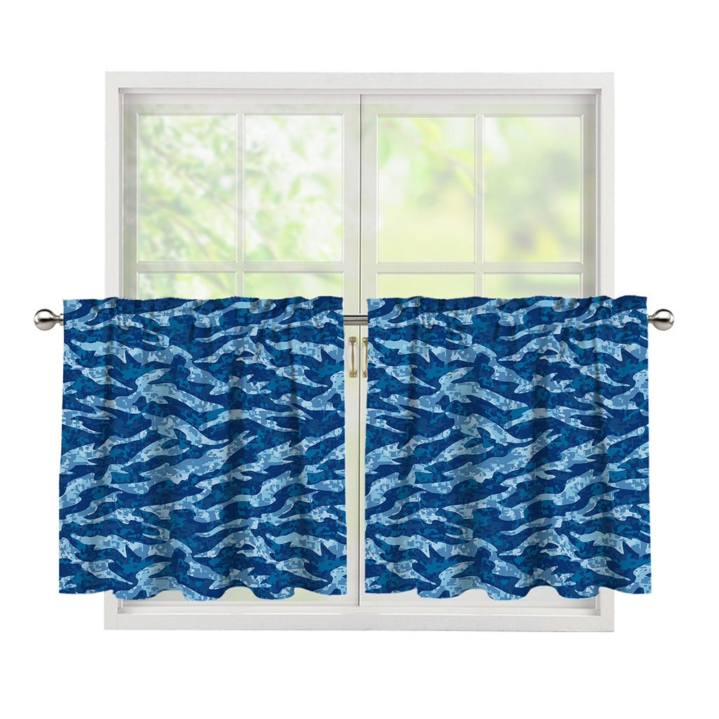 Navy Tiger Stripe Camo Pattern Print Tier Curtains