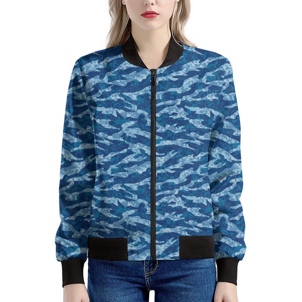 Navy Tiger Stripe Camo Pattern Print Women's Bomber Jacket