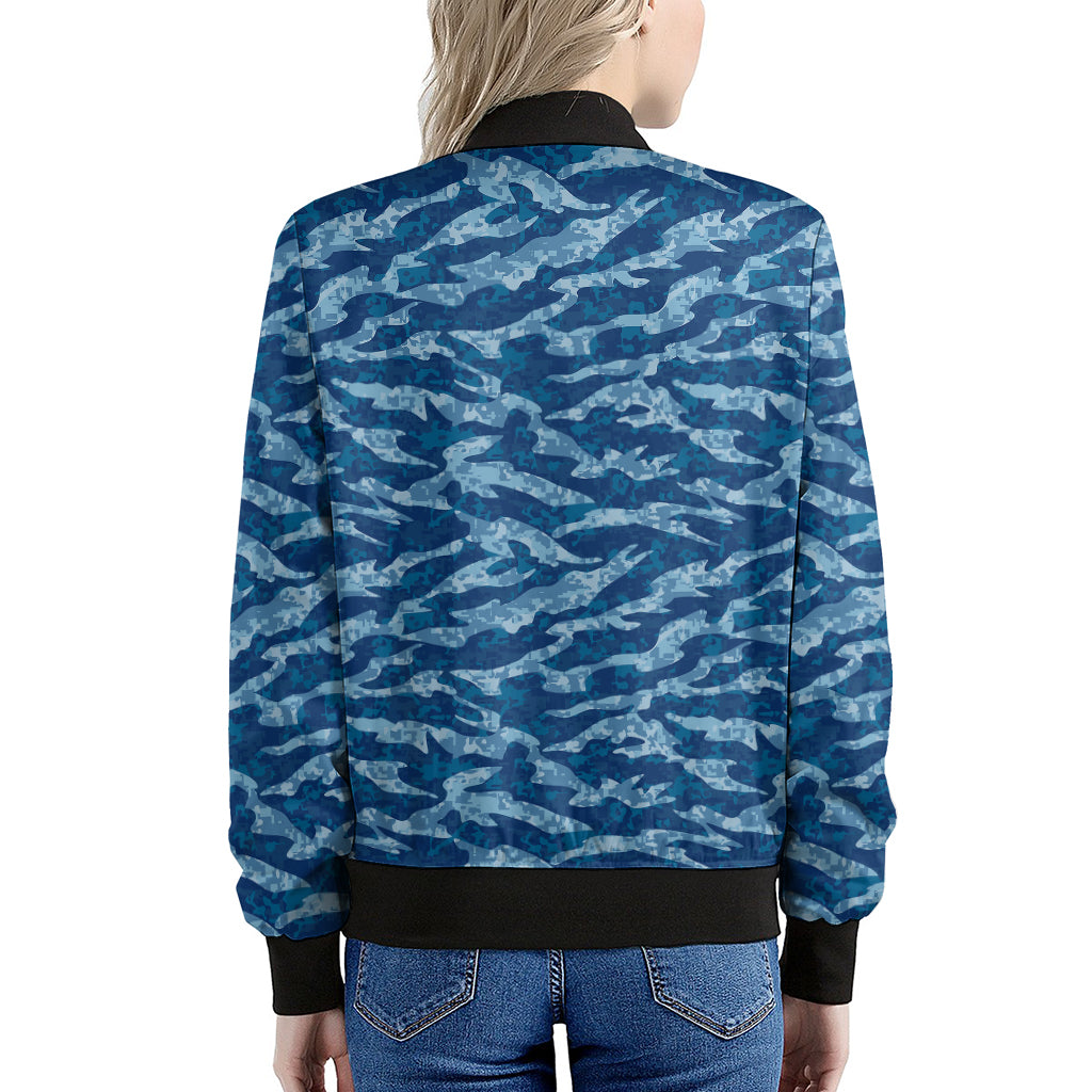 Navy Tiger Stripe Camo Pattern Print Women's Bomber Jacket