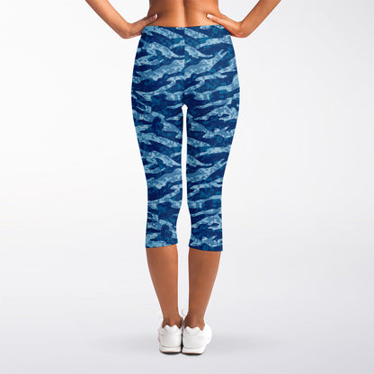 Navy Tiger Stripe Camo Pattern Print Women's Capri Leggings