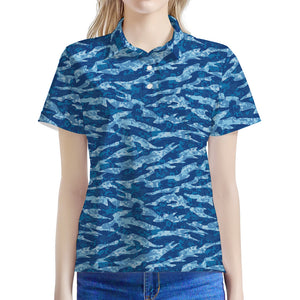 Navy Tiger Stripe Camo Pattern Print Women's Polo Shirt