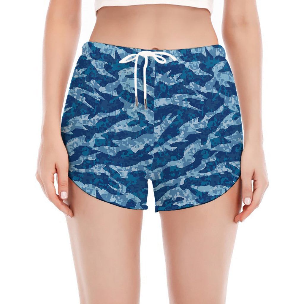 Navy Tiger Stripe Camo Pattern Print Women's Split Running Shorts