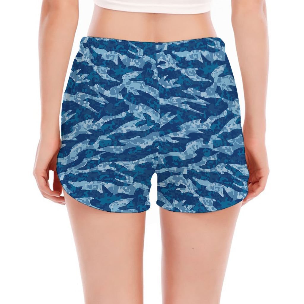 Navy Tiger Stripe Camo Pattern Print Women's Split Running Shorts