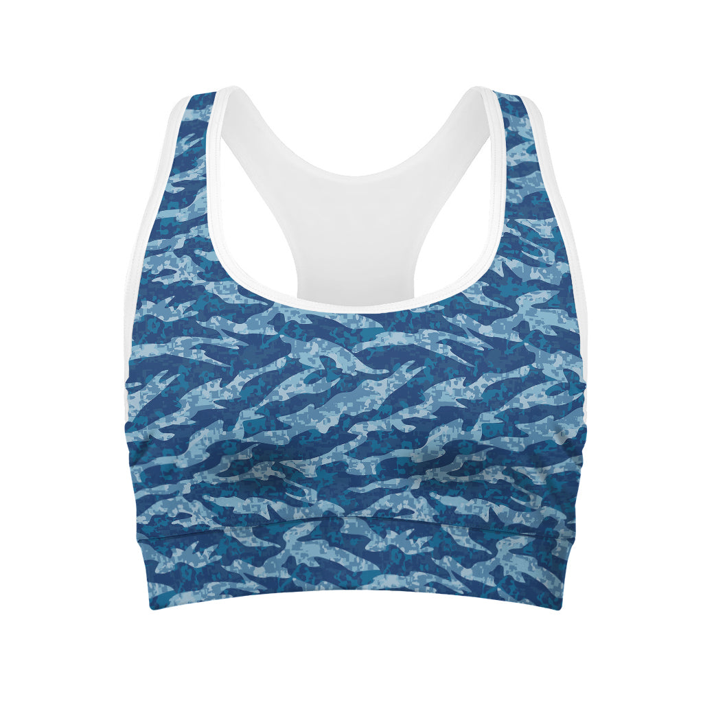 Navy Tiger Stripe Camo Pattern Print Women's Sports Bra