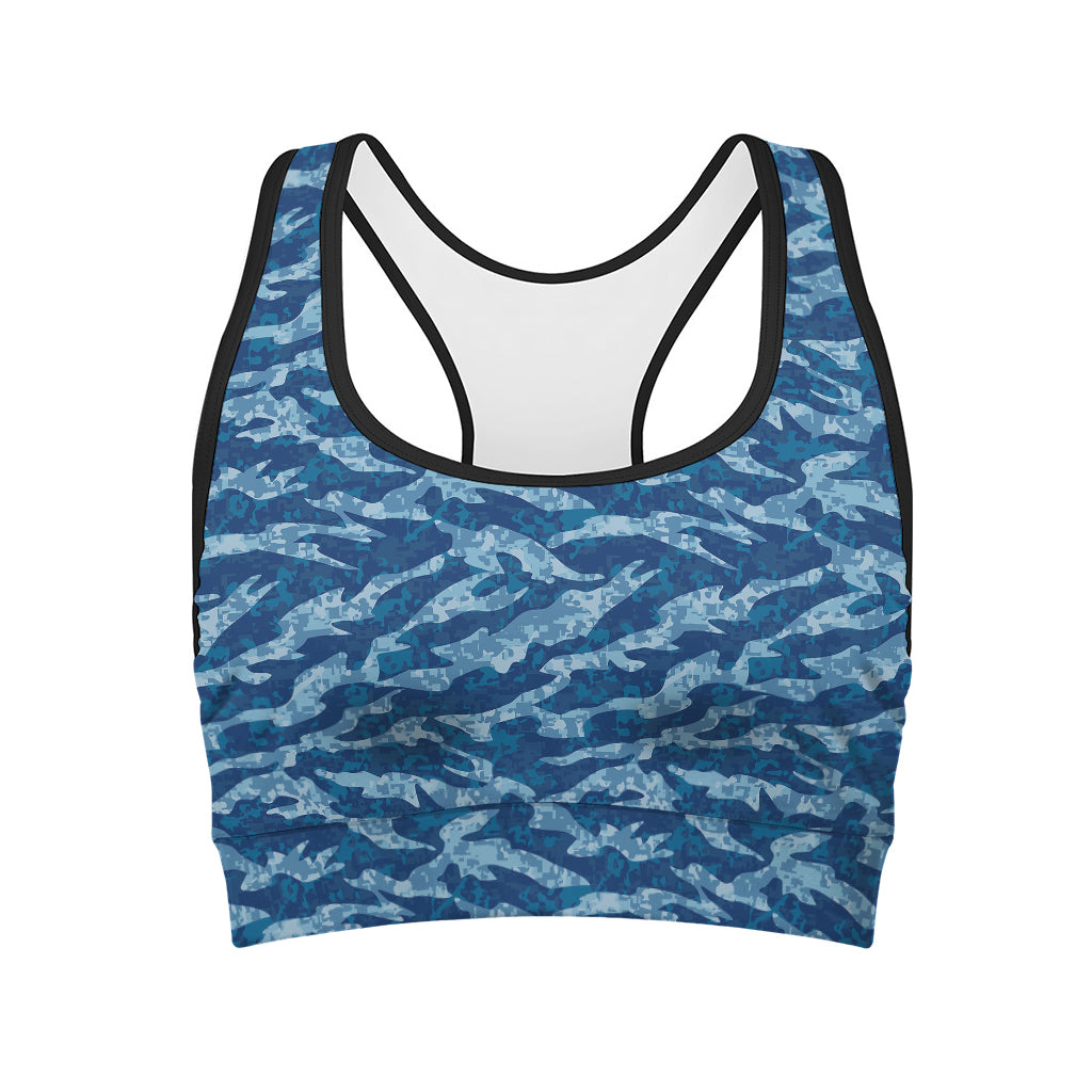 Navy Tiger Stripe Camo Pattern Print Women's Sports Bra