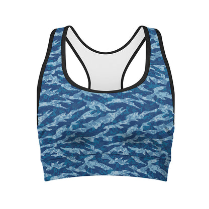 Navy Tiger Stripe Camo Pattern Print Women's Sports Bra