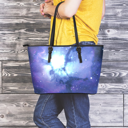Nebula Space Print Leather Tote Bag