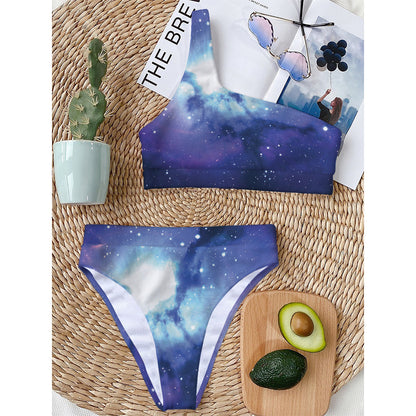 Nebula Space Print One Shoulder Bikini Top