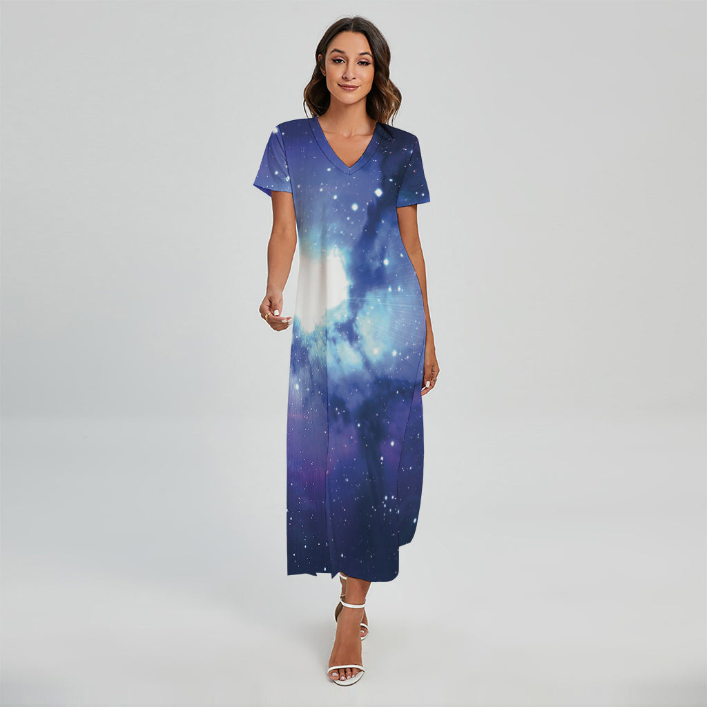 Nebula Space Print Short Sleeve Maxi Dress