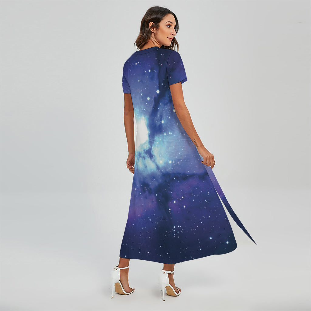Nebula Space Print Short Sleeve Maxi Dress
