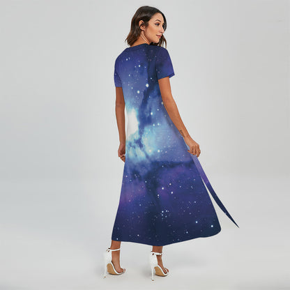 Nebula Space Print Short Sleeve Maxi Dress