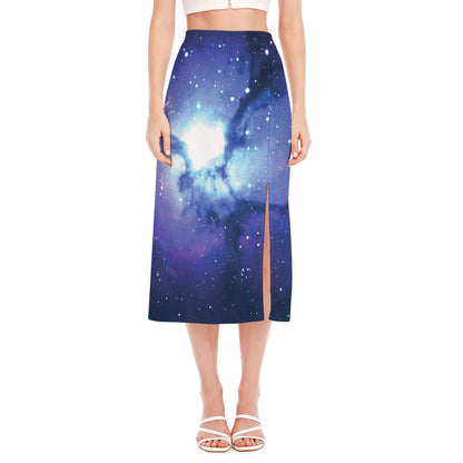 Nebula Space Print Side Slit Midi Skirt