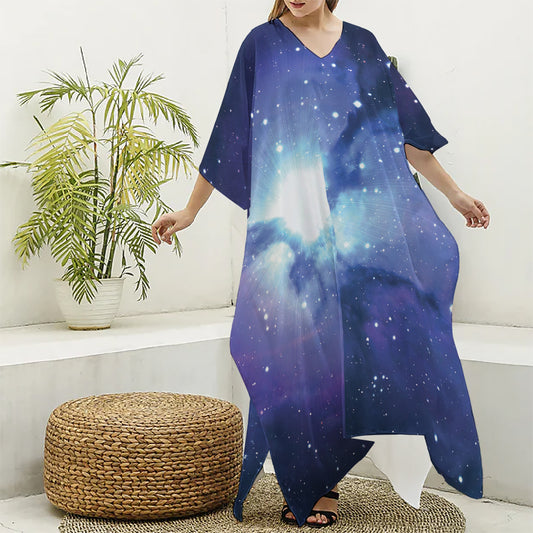 Nebula Space Print Silk V-Neck Kaftan Dress