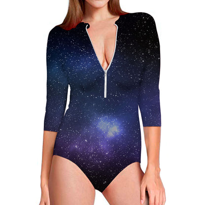 Nebula Universe Galaxy Deep Space Print Long Sleeve Swimsuit