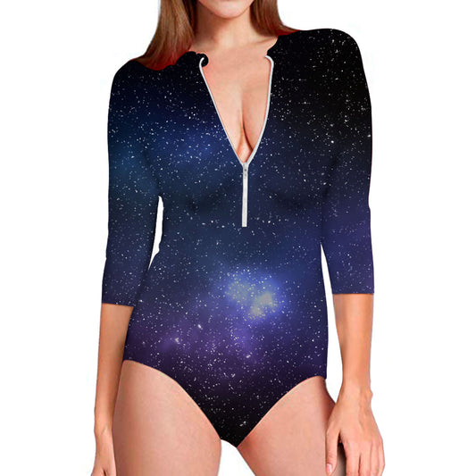 Nebula Universe Galaxy Deep Space Print Long Sleeve Swimsuit