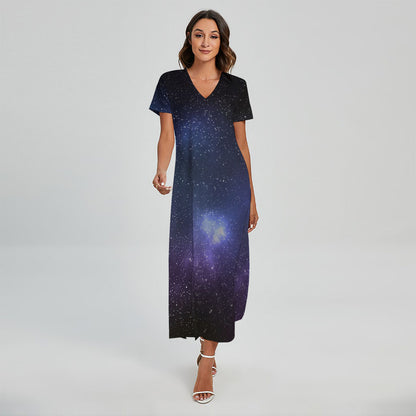 Nebula Universe Galaxy Deep Space Print Short Sleeve Maxi Dress