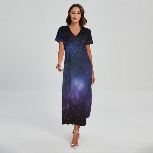 Nebula Universe Galaxy Deep Space Print Short Sleeve Maxi Dress