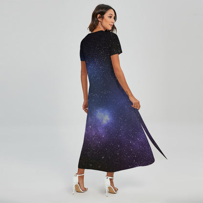 Nebula Universe Galaxy Deep Space Print Short Sleeve Maxi Dress