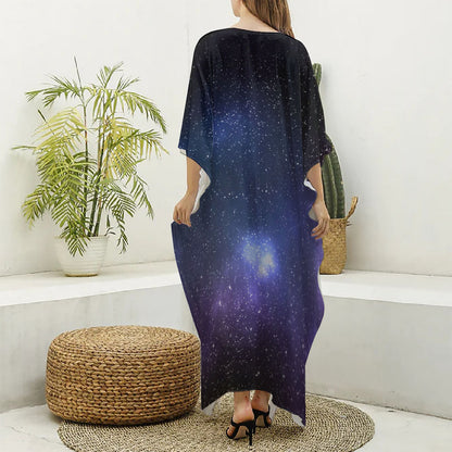 Nebula Universe Galaxy Deep Space Print Silk V-Neck Kaftan Dress