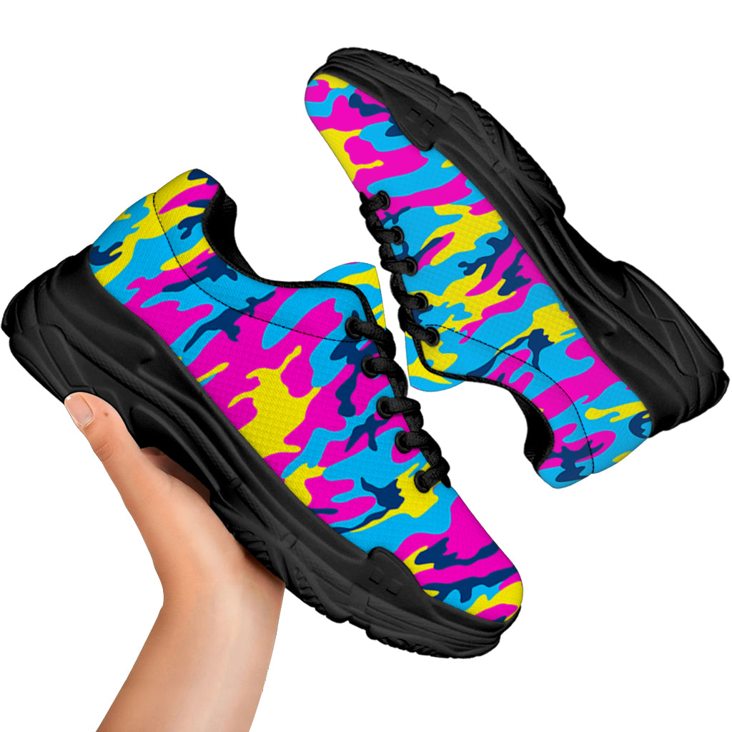 Neon Camouflage Print Black Chunky Shoes
