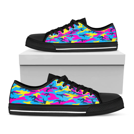 Neon Camouflage Print Black Low Top Sneakers