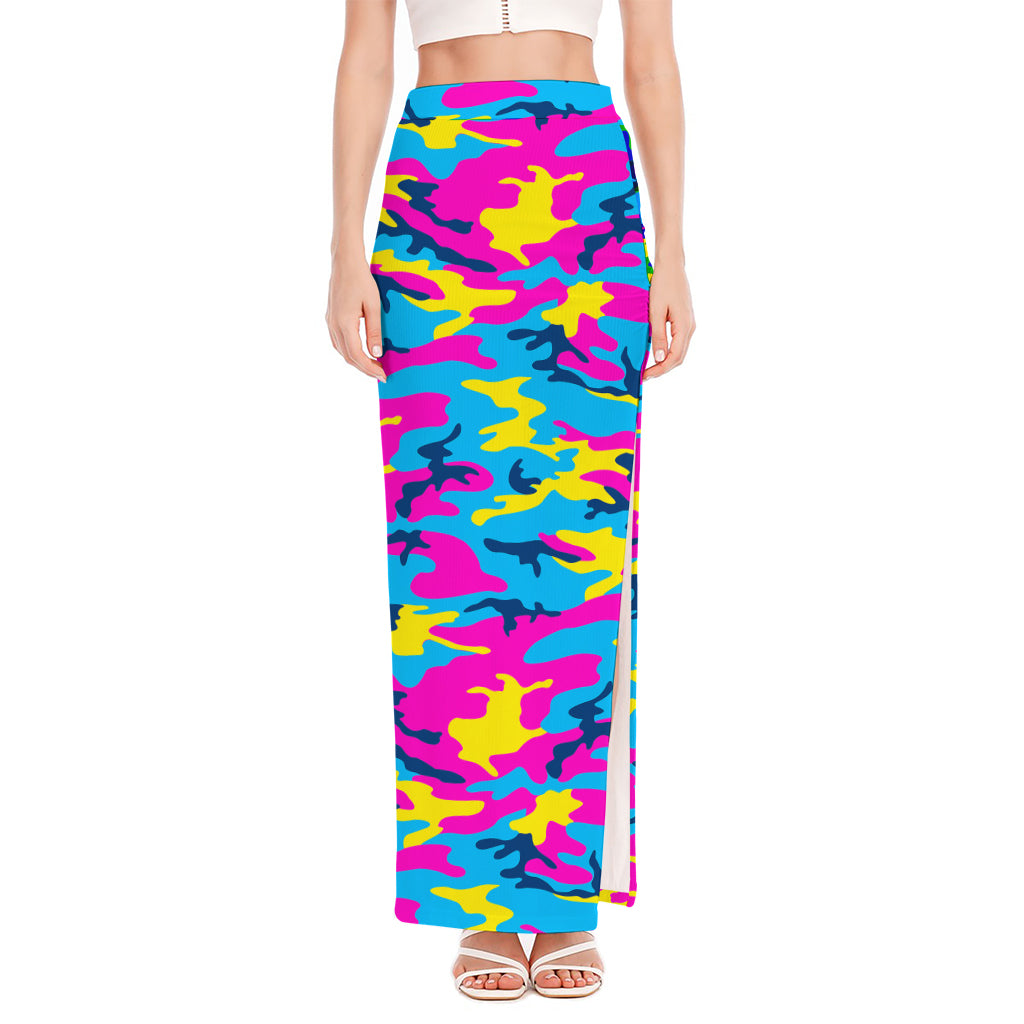 Neon Camouflage Print High Slit Maxi Skirt