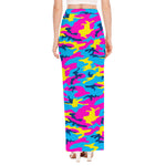 Neon Camouflage Print High Slit Maxi Skirt