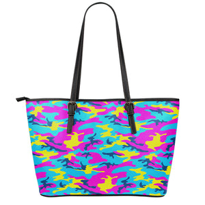 Neon Camouflage Print Leather Tote Bag