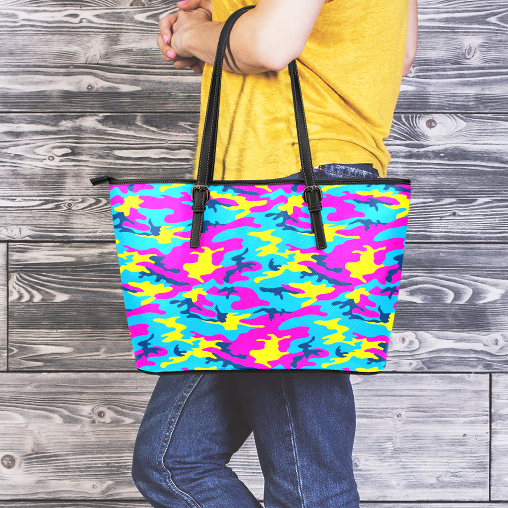 Neon Camouflage Print Leather Tote Bag
