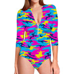 Neon Camouflage Print Long Sleeve Swimsuit