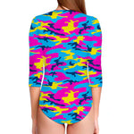 Neon Camouflage Print Long Sleeve Swimsuit