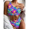 Neon Camouflage Print One Shoulder Bikini Set